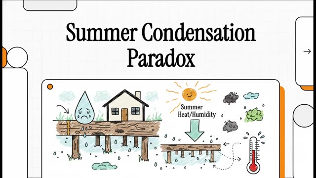 Cutaway diagram of a crawl space showing humid outside air condensing on cool floor joists